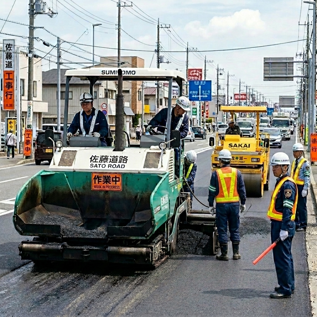 道路舗装工事現場で働く職人と重機
